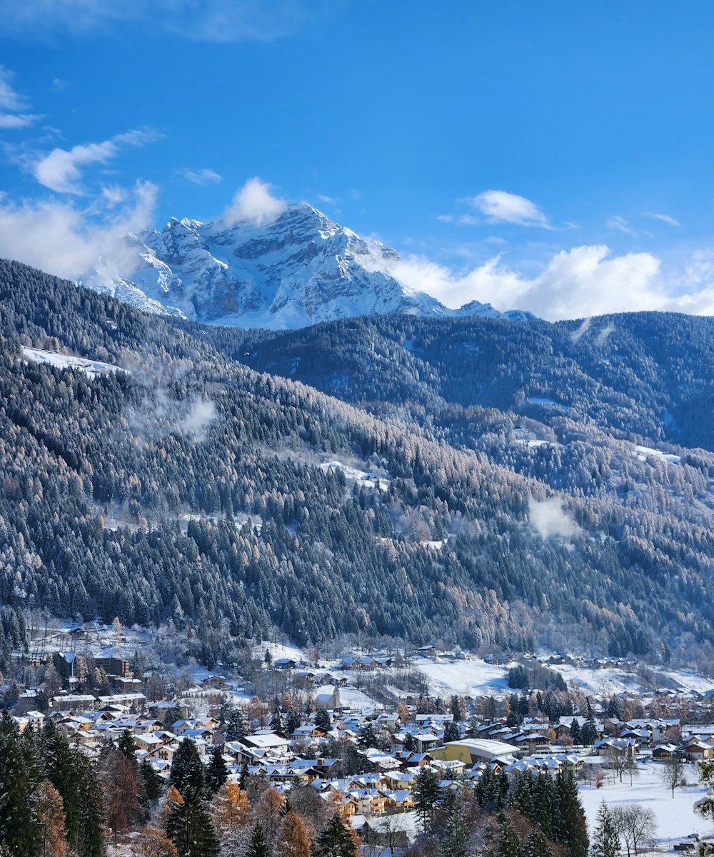 a snow covered mountain with a town below