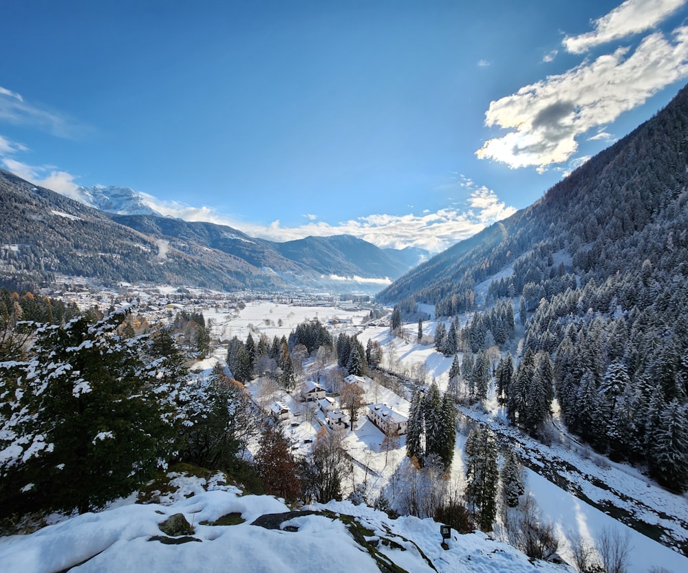 a scenic view of a snowy mountain town