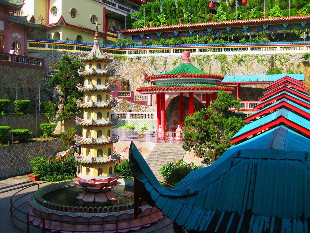 a view of a building with a fountain in front of it