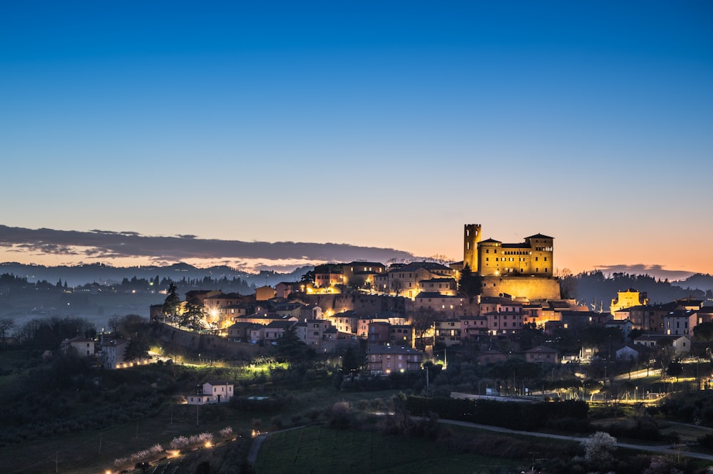 a city lit up at night with a castle in the background