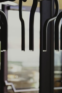 Suspended black lighting fixtures with multiple curved arms are prominently in focus. The background features large glass windows with blurred views, providing natural light.