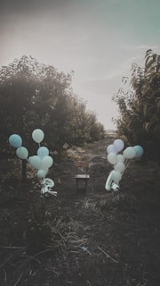 a bunch of balloons sitting in the middle of a field