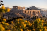 Ancient ruins bathed in golden hour sunlight with wildflowers in the foreground.