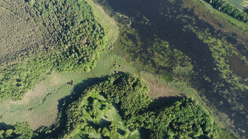 an aerial view of a river running through a lush green field