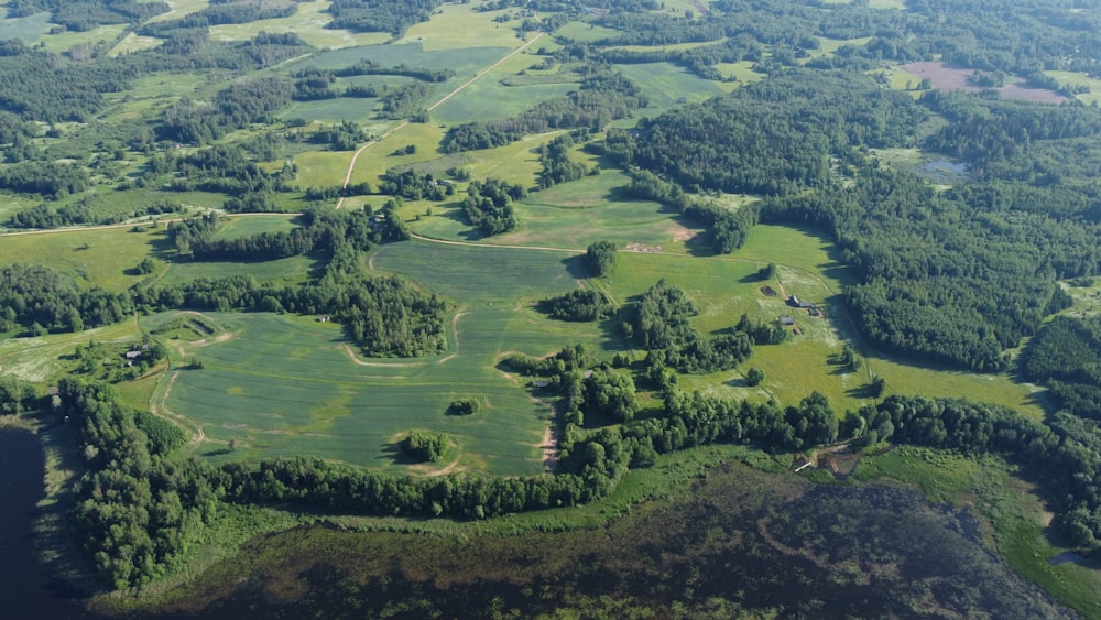 an aerial view of a golf course surrounded by trees