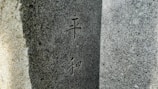 A close-up view of a granite stone surface with engraved Chinese or Japanese characters. The stone appears textured and has variations in light and shadow, giving it a three-dimensional feel.
