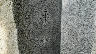 A close-up view of a granite stone surface with engraved Chinese or Japanese characters. The stone appears textured and has variations in light and shadow, giving it a three-dimensional feel.