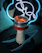 A close-up of a sleek black hookah with glowing coals, set against a softly lit modern lounge background.