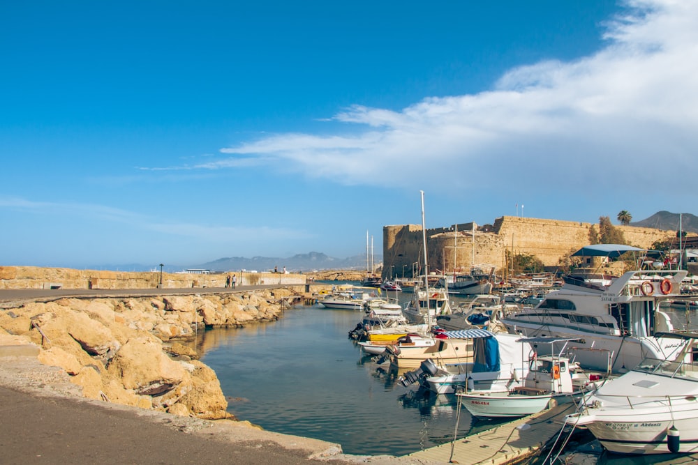 a harbor filled with lots of boats next to a cliff