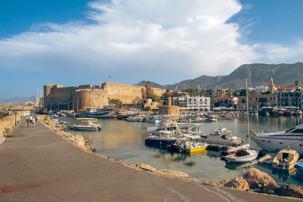 a harbor filled with lots of boats next to a castle