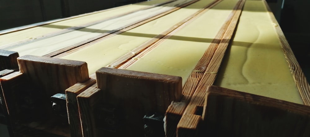 a close up of a wooden table top