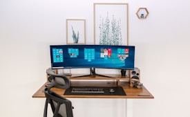 A minimalistic workspace featuring a sleek, large curved monitor mounted on a wooden desk. The setup includes a black ergonomic office chair, keyboard, and mouse on a black desk mat. The wall behind the monitor displays framed art with botanical themes and a small hexagonal shelf with a potted plant. A speaker and a decorative metal model vehicle are placed on the right side of the desk.