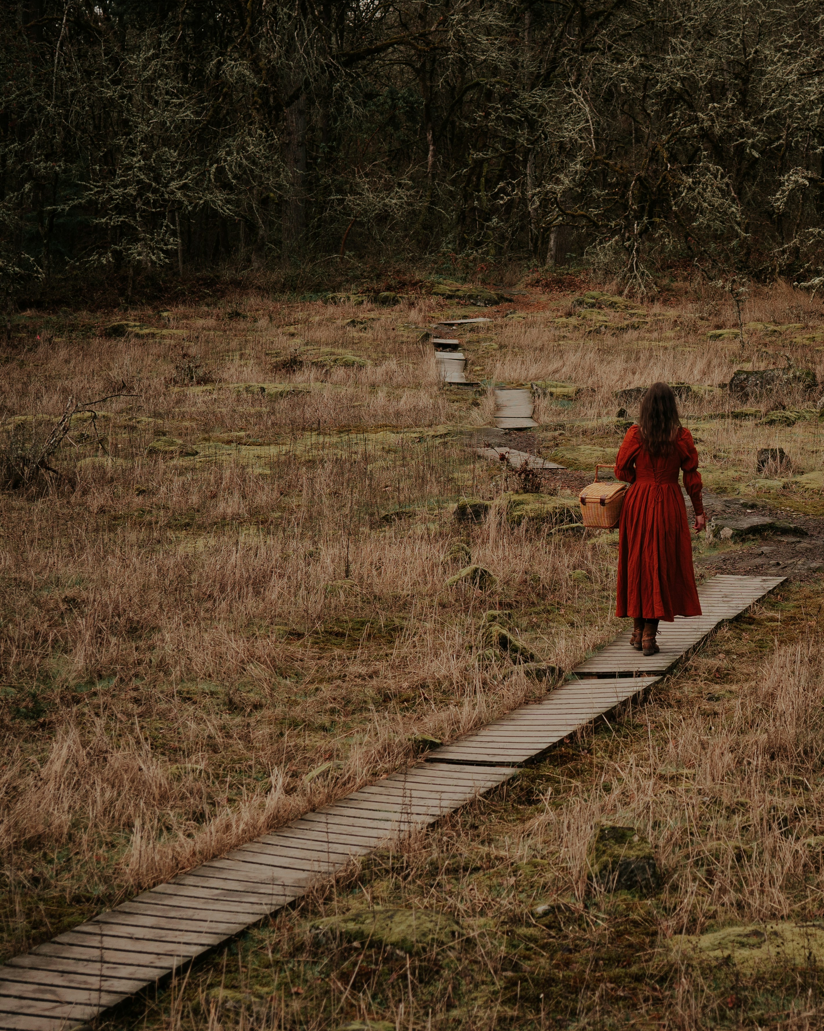 A woman in a red dress walking across a field photo – Free Portland ...