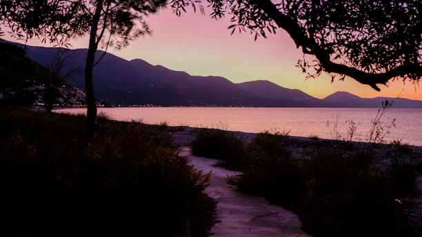 Sunset over a quiet land plot with a small path leading to the shore.