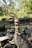 A serene natural setting featuring a carefully balanced stack of stones on a large rock. Lush green trees and vegetation surround the area, with dappled sunlight filtering through the leaves. The environment conveys a sense of calm and natural harmony.