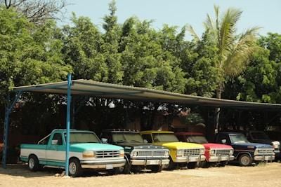 A row of colorful vintage pickup trucks is parked under a metal carport, surrounded by lush green trees and a few palm trees. The trucks are covered in dust, suggesting they haven't been used recently.