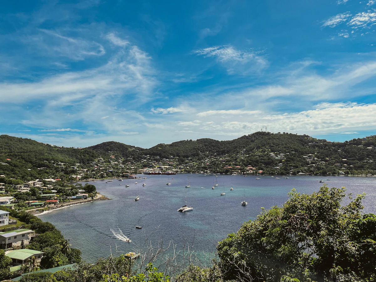 View of a bay with boats on the water