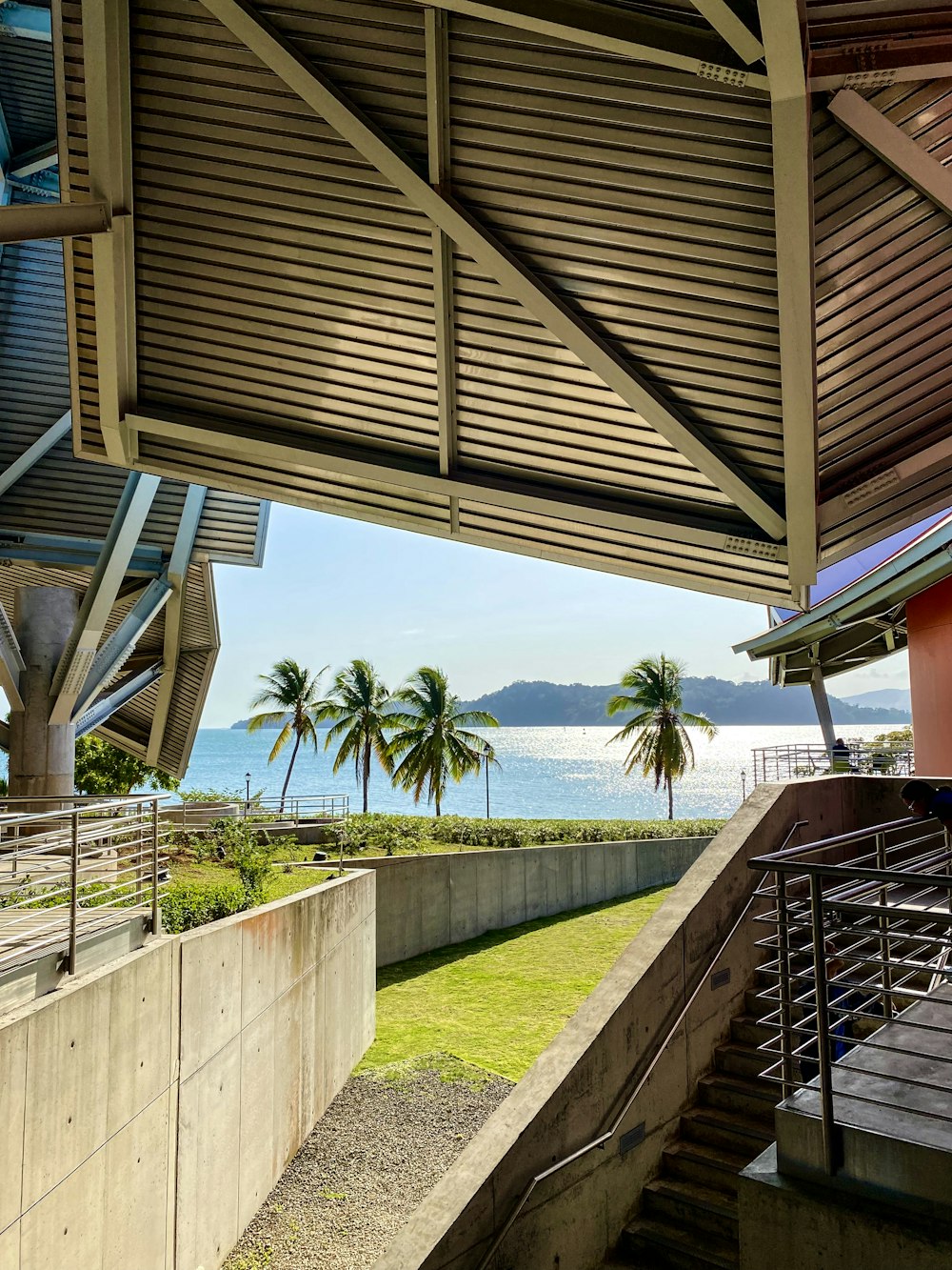 a view of the ocean from inside a building