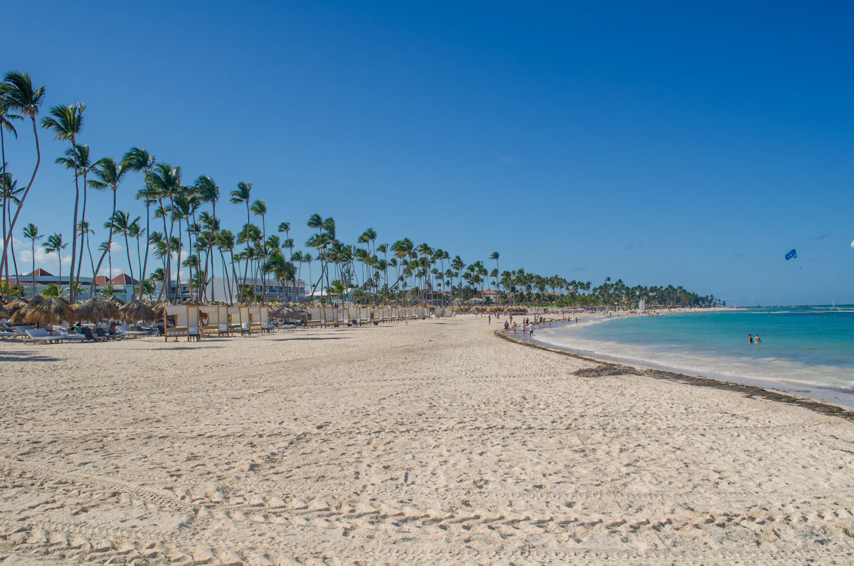 Palm-fringed beach and clear blue water in Punta Cana