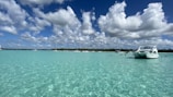 A tranquil tropical seascape featuring a clear turquoise ocean under a sky filled with fluffy white clouds. Several boats are anchored in the water, with people swimming and enjoying the sun. In the background, a line of lush green palm trees is visible along the shoreline.