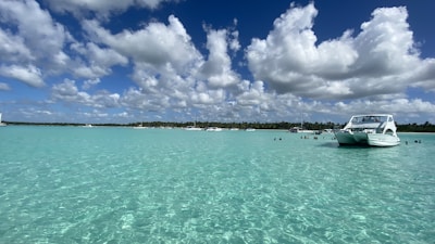 A tranquil tropical seascape featuring a clear turquoise ocean under a sky filled with fluffy white clouds. Several boats are anchored in the water, with people swimming and enjoying the sun. In the background, a line of lush green palm trees is visible along the shoreline.