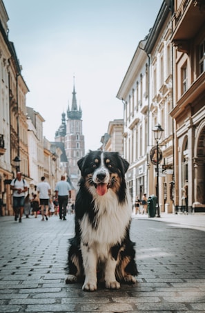 An Australian Shepherd dog sits in the middle of a cobblestone street, with historical buildings on either side. In the background, a Gothic-style church with towers is visible. People are walking along the street, and the sky is clear.