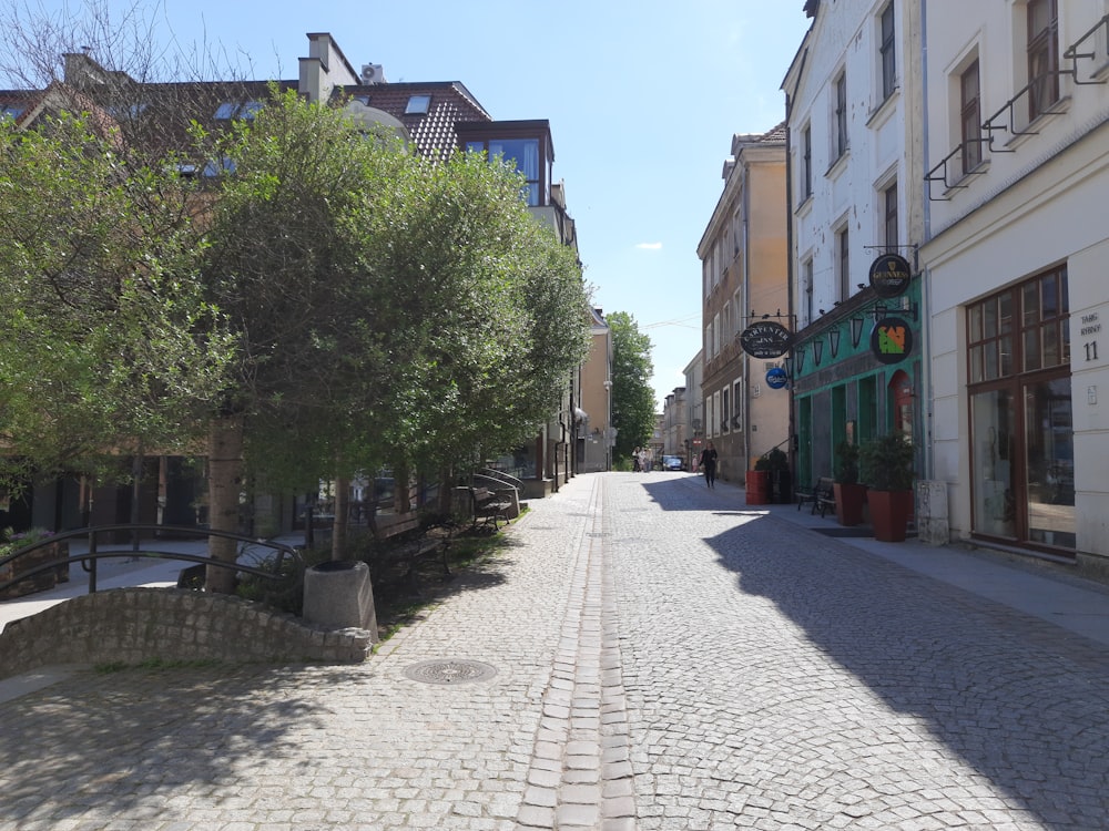 a cobblestone street lined with buildings and trees