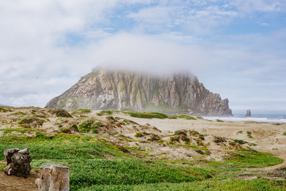 a large rock sitting on top of a lush green hillside