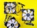 Three computer cooling fans with black frames and white blades are arranged on a bright yellow background. Each fan has a label at the center and is connected to a black cable ending with a connector.