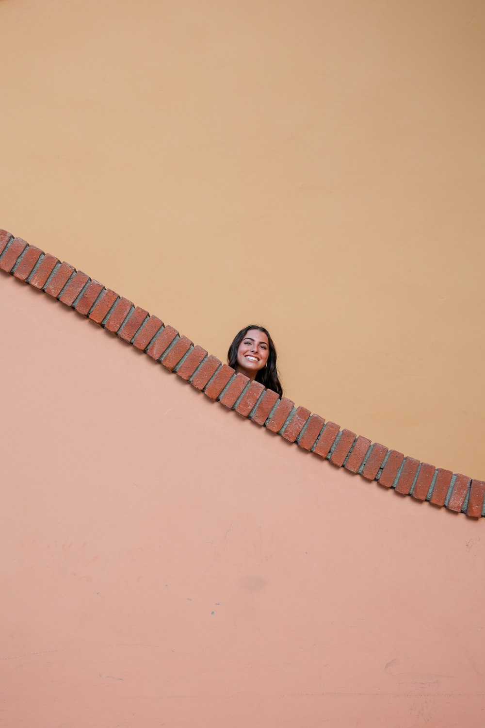 a woman standing on top of a brick wall