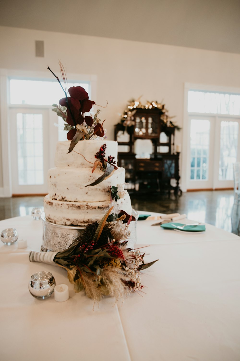 a wedding cake sitting on top of a table