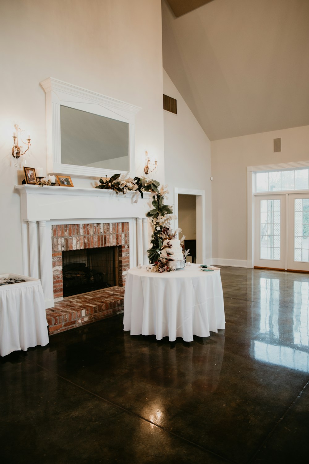 a living room with a fire place and a fireplace