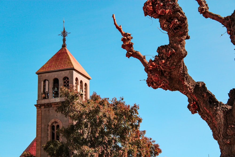 ein hoher Turm mit einer Uhr auf der Spitze