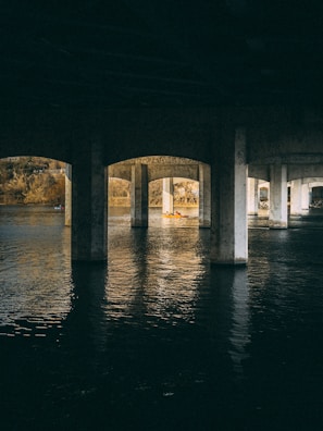 Concrete bridge pillars rise from a reflective body of water, casting shadows and creating a series of archways. Natural light filters through, illuminating the arches in the distance. Vegetation is visible beyond the bridge, hinting at a natural setting.