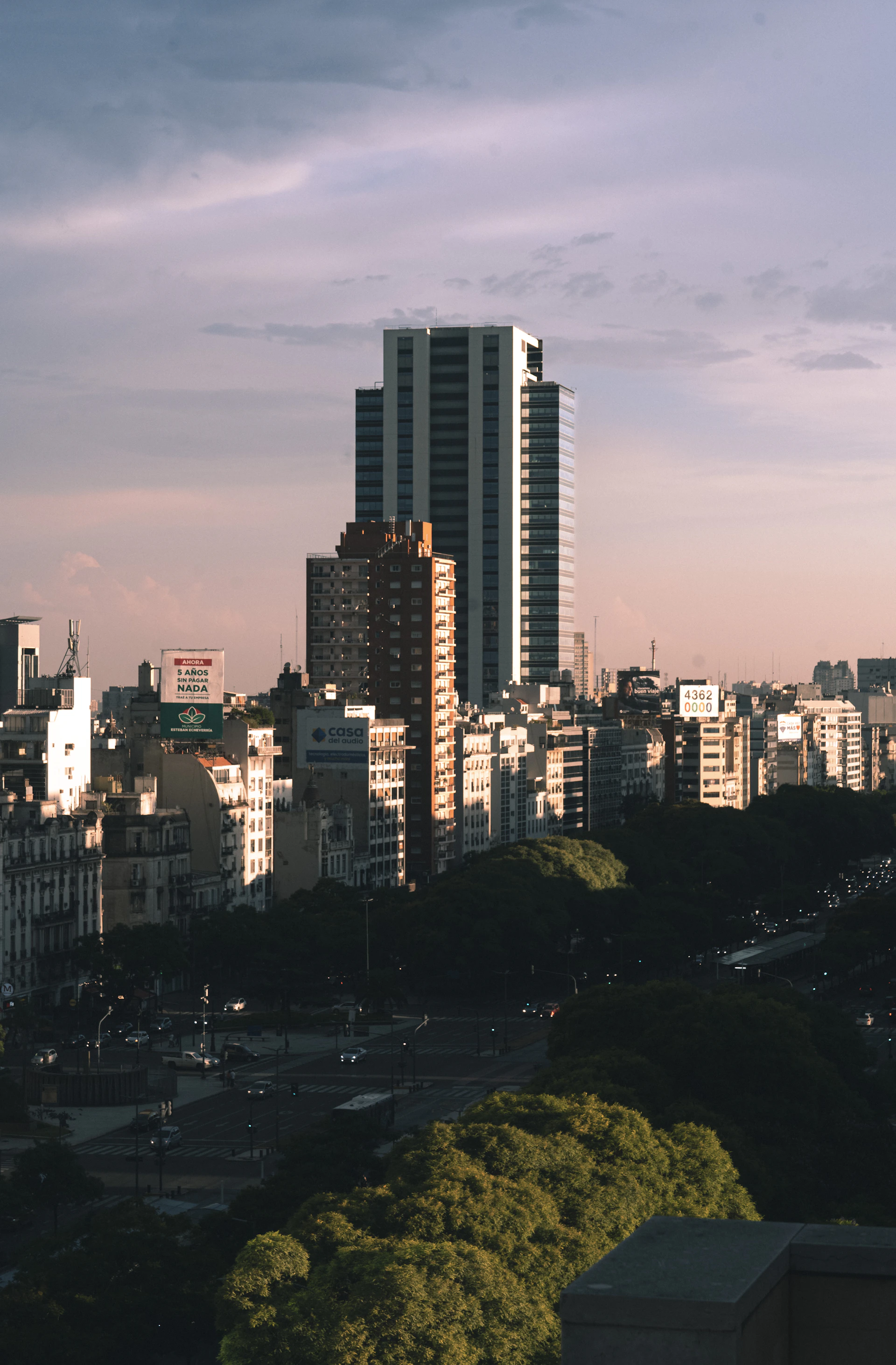 Tall buildings at dusk
