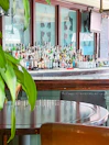 Elegant bistro bar counter with rows of colorful cocktails and wine bottles.