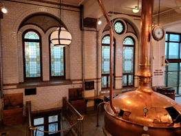 Cinematic shot of a rustic brewery with terracotta and green accents in natural light.