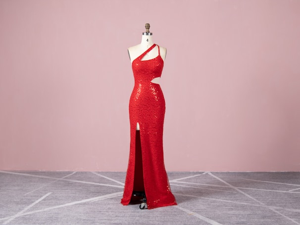 A red sequined evening gown is displayed on a dress form against a pale pink background. The gown is floor-length with a side slit and features an asymmetric neckline with one strap over the shoulder and a cutout near the waist.