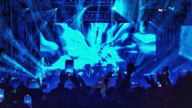 A vibrant concert scene with dynamic blue lights and laser beams illuminating the stage and audience. A DJ or performer is silhouetted against the bright backdrop, while the crowd is actively engaged, holding up phones to capture the moment.
