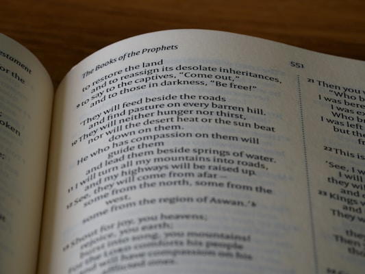 An open book displaying text with clear, black print on white pages. The visible text includes a heading titled 'The Books of the Prophets' followed by a passage containing various lines and verses. The pages have a gently curved appearance, indicative of being naturally open. The background is a wooden surface, suggesting the book is resting on a table.