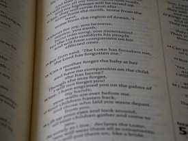 The page in the image contains text from a Bible open to a section with numbered verses. The text is printed in black ink on cream-colored paper, with varying font sizes for headings and verses.