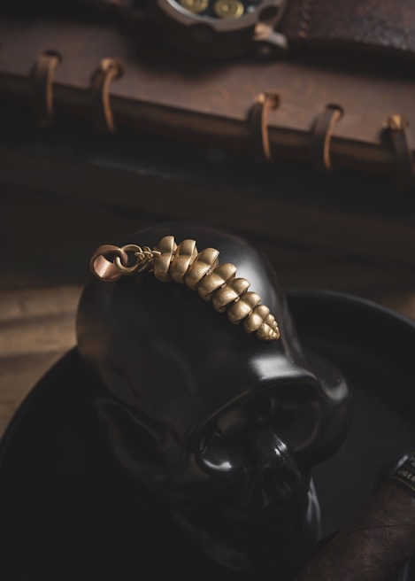 A black, glossy skull acting as a base for a metallic, spiral-shaped object or keychain. The image is styled with a warm, dim lighting, giving it a mysterious and elegant appearance. A leather-bound book and watch with visible gears are blurred in the background, suggesting a steampunk or gothic theme.