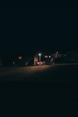 A wide shot of a nighttime scene illuminated by soft, cinematic lighting.