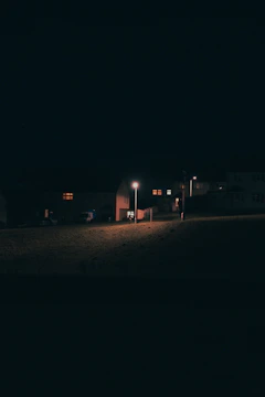 A wide shot of a nighttime scene illuminated by soft, cinematic lighting.