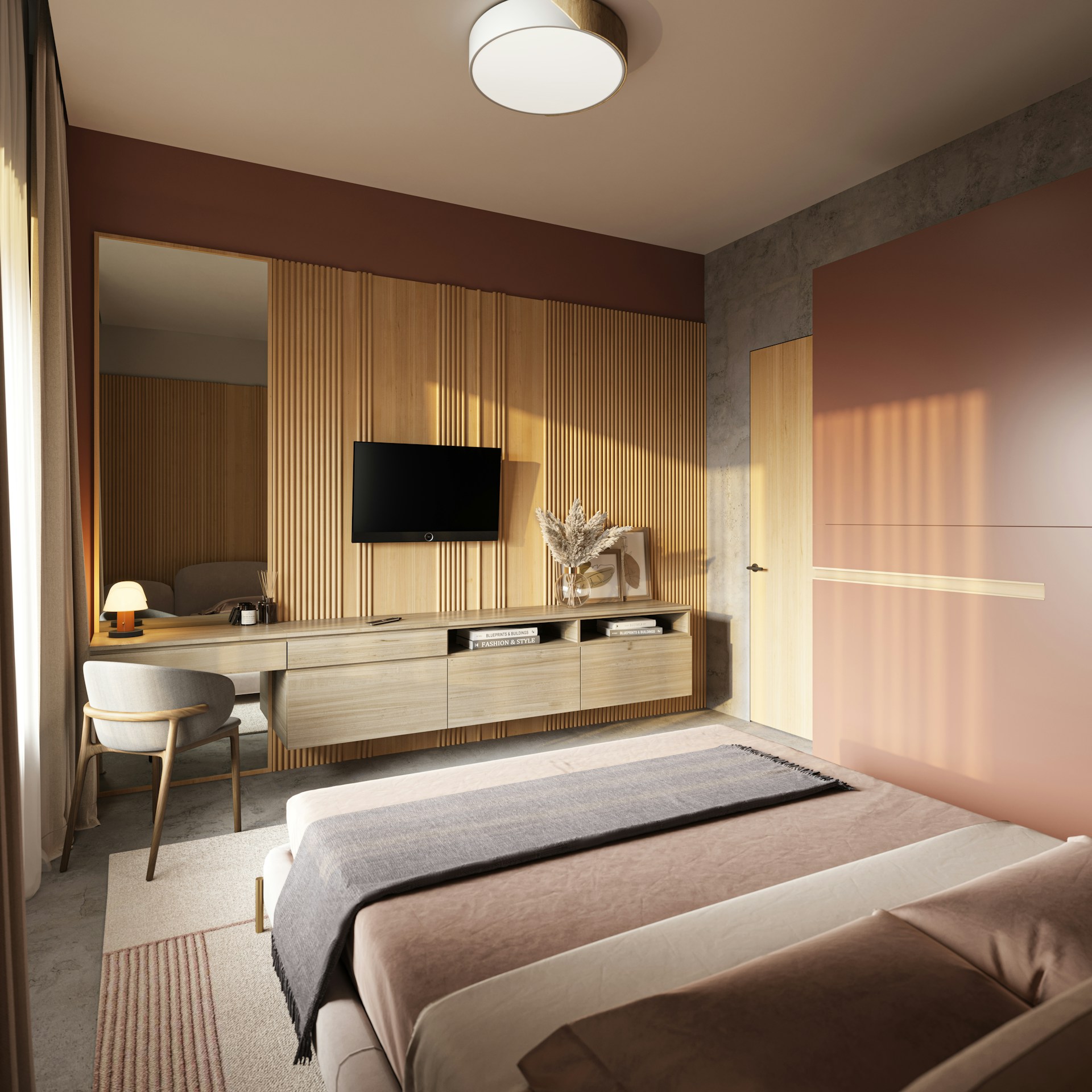 A serene bedroom with minimalist design, earth-toned textiles, and organic shapes that create a peaceful retreat inspired by the natural world and mindful living.