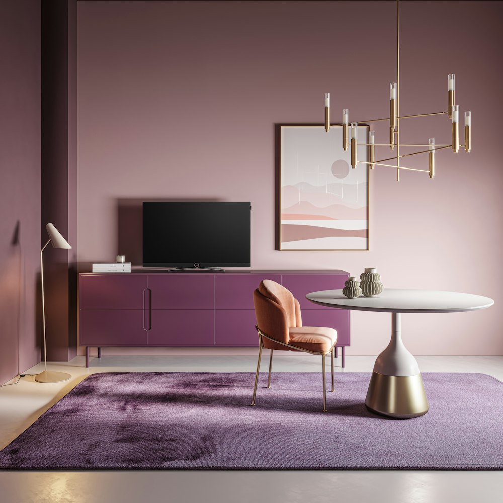a living room with purple walls and a white table