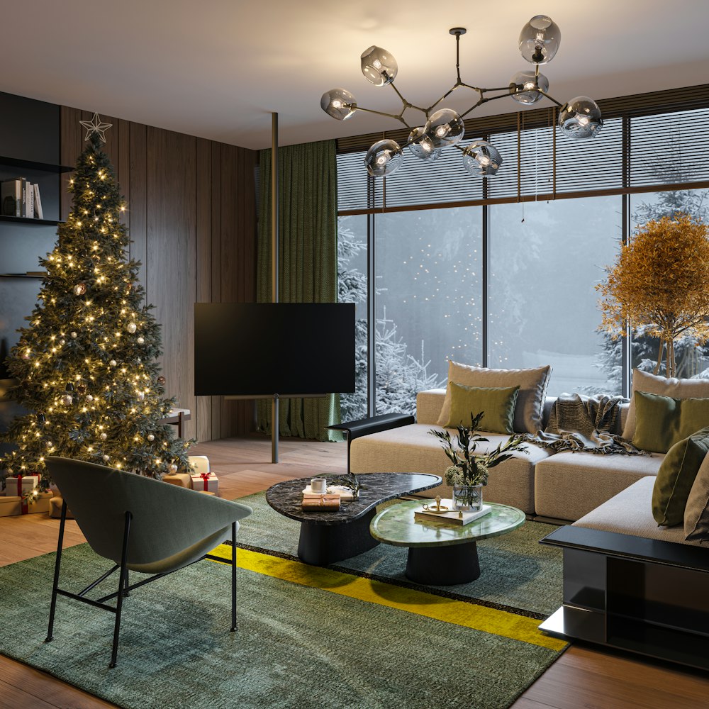 a living room filled with furniture and a christmas tree