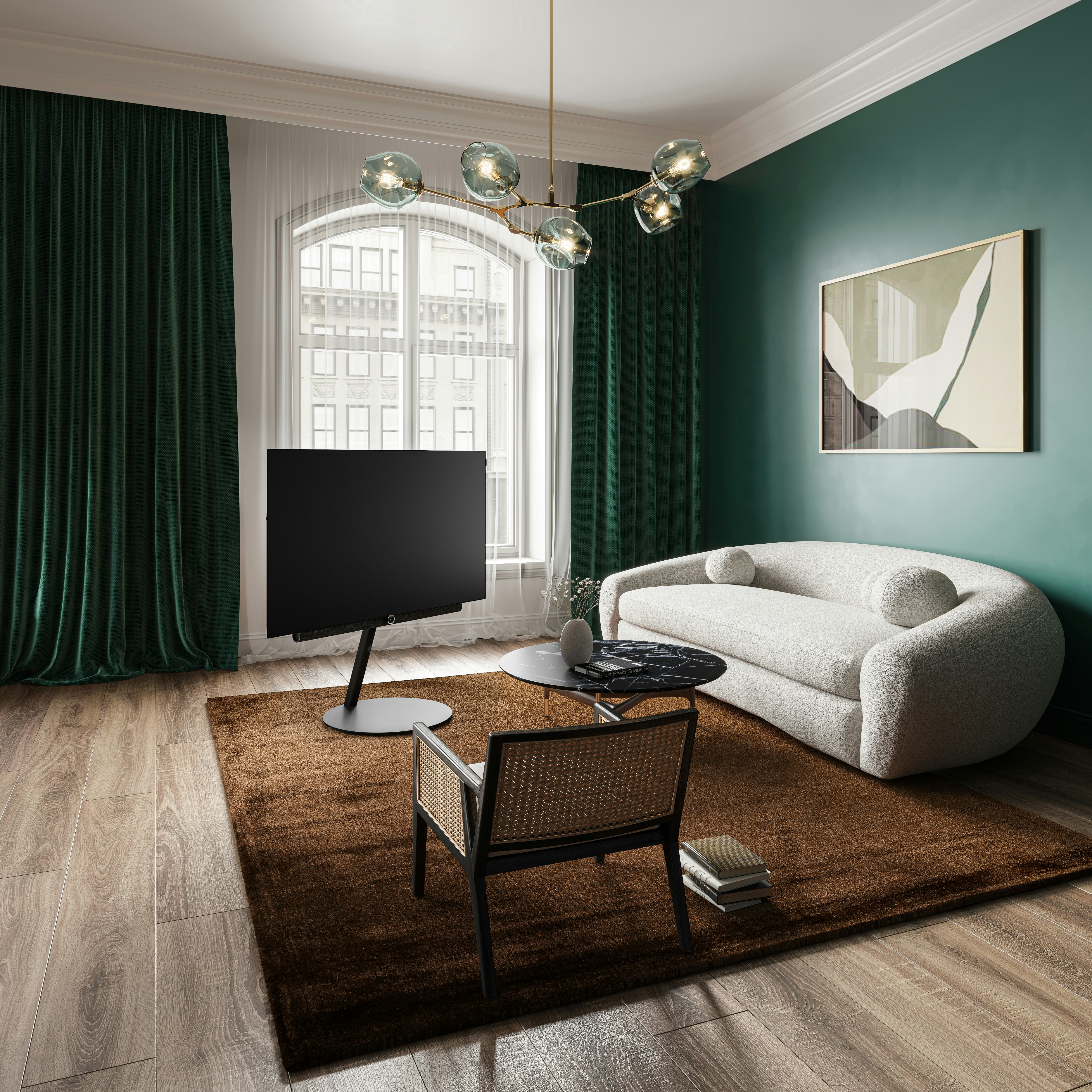 Designer apartment with deep green velvet walls