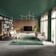 A modern, spacious living room with a sophisticated design. The room features a large bookshelf on the left filled with books and decor items. In the center, a sleek, flat-screen TV stands on a dark stand. Comfortable, stylish chairs and sofas are arranged around a plush green rug. Large windows on the right allow natural light to flood in, highlighting the green indoor plant beside the TV. The ceiling is painted a rich green color, complementing the wooden paneling on the walls and the emerald curtains framing the windows. A contemporary geometric light fixture hangs overhead.