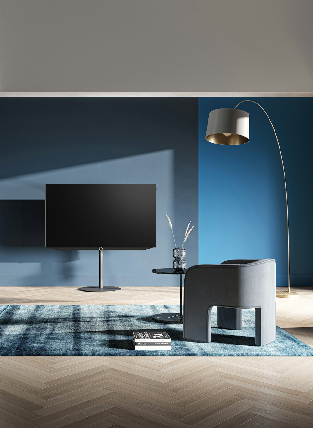 a living room with blue walls and a tv